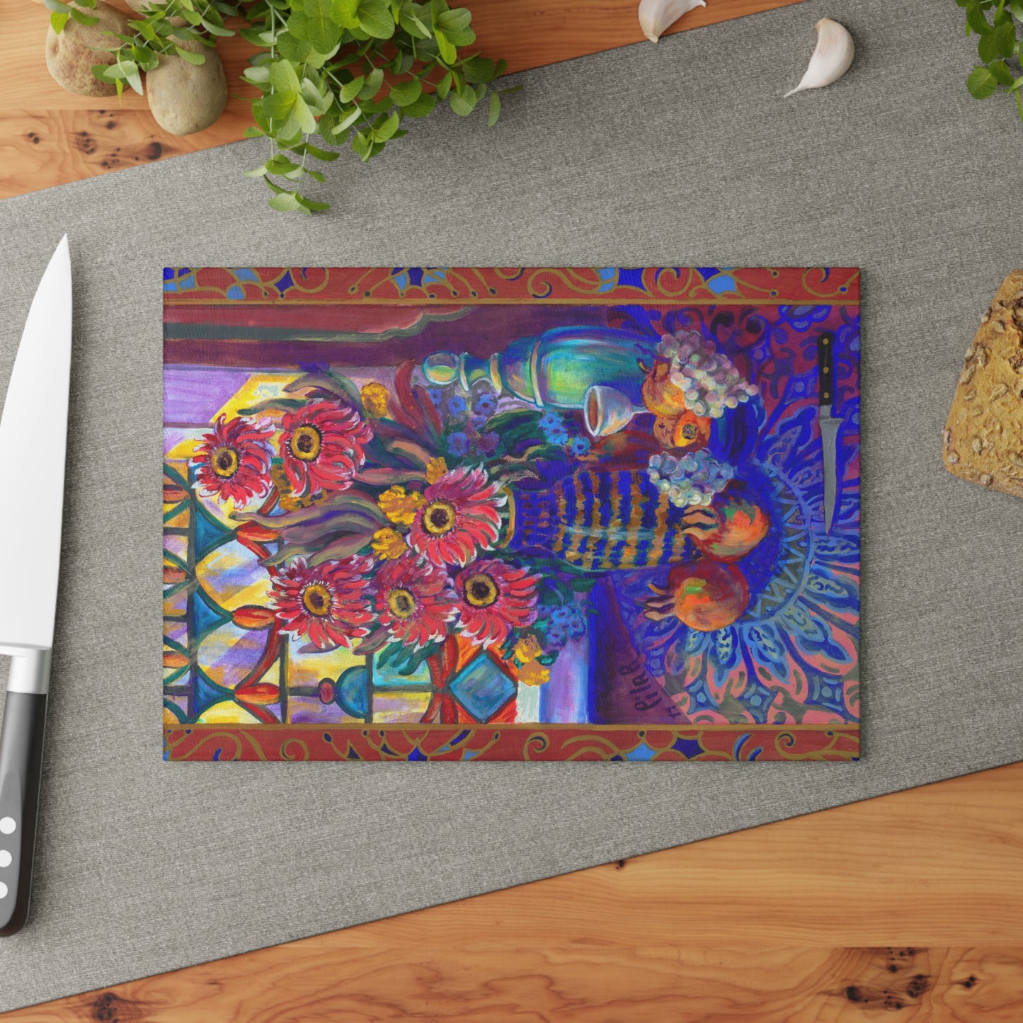 Tempered Glass Cutting Board "Kitchen Zinneas"