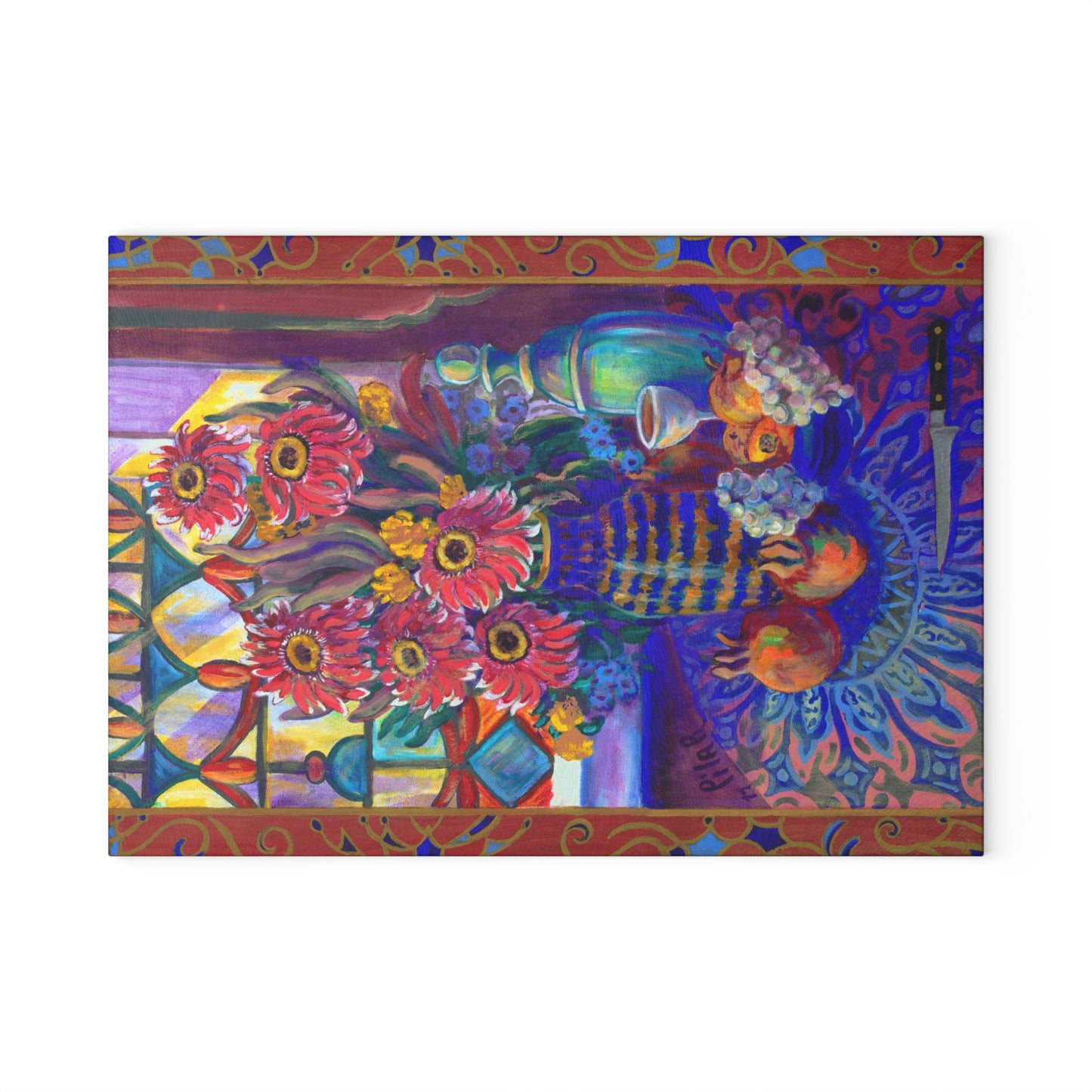 Tempered Glass Cutting Board "Kitchen Zinneas"
