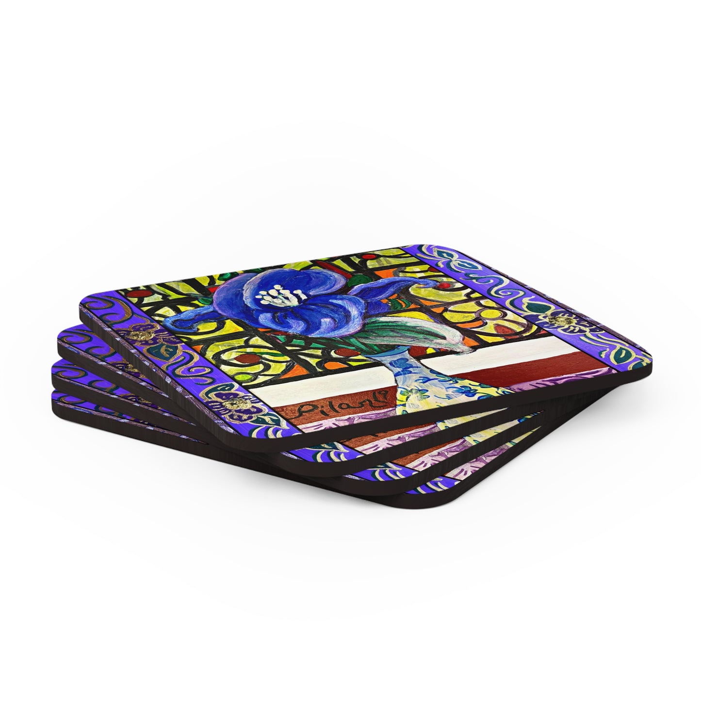 Corkwood Coaster Set - Blue Magnolia and Stained Glass