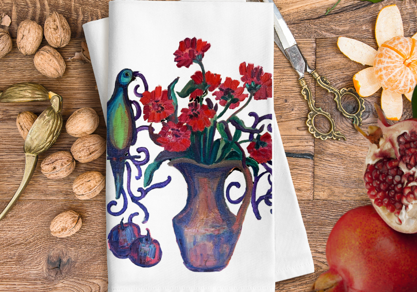 Cotton Tea Towel -"Green Parrot"