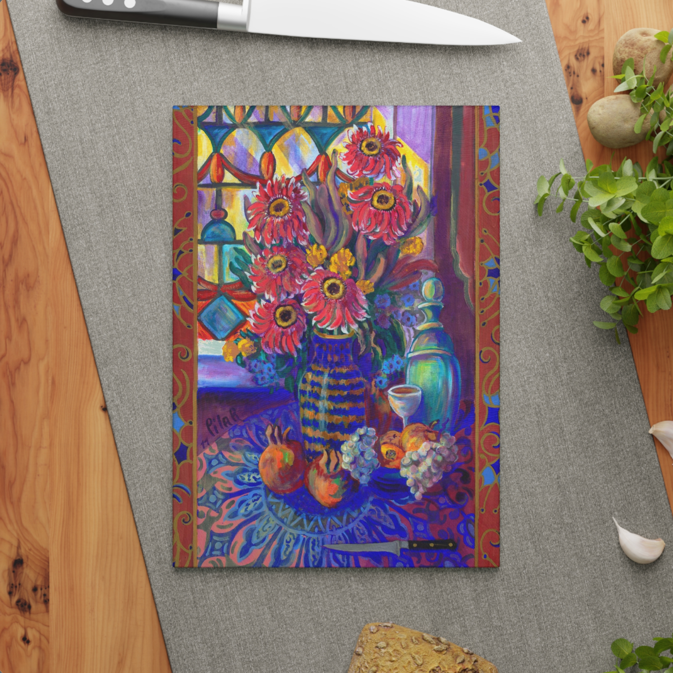 Tempered Glass Cutting Board "Kitchen Zinneas"