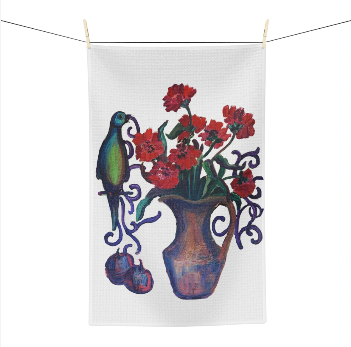 Cotton Tea Towel -"Green Parrot"