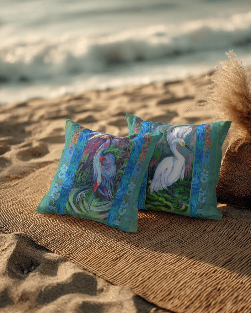 Decorative Pillow - Two Herons, Front/Back Complimentary Design