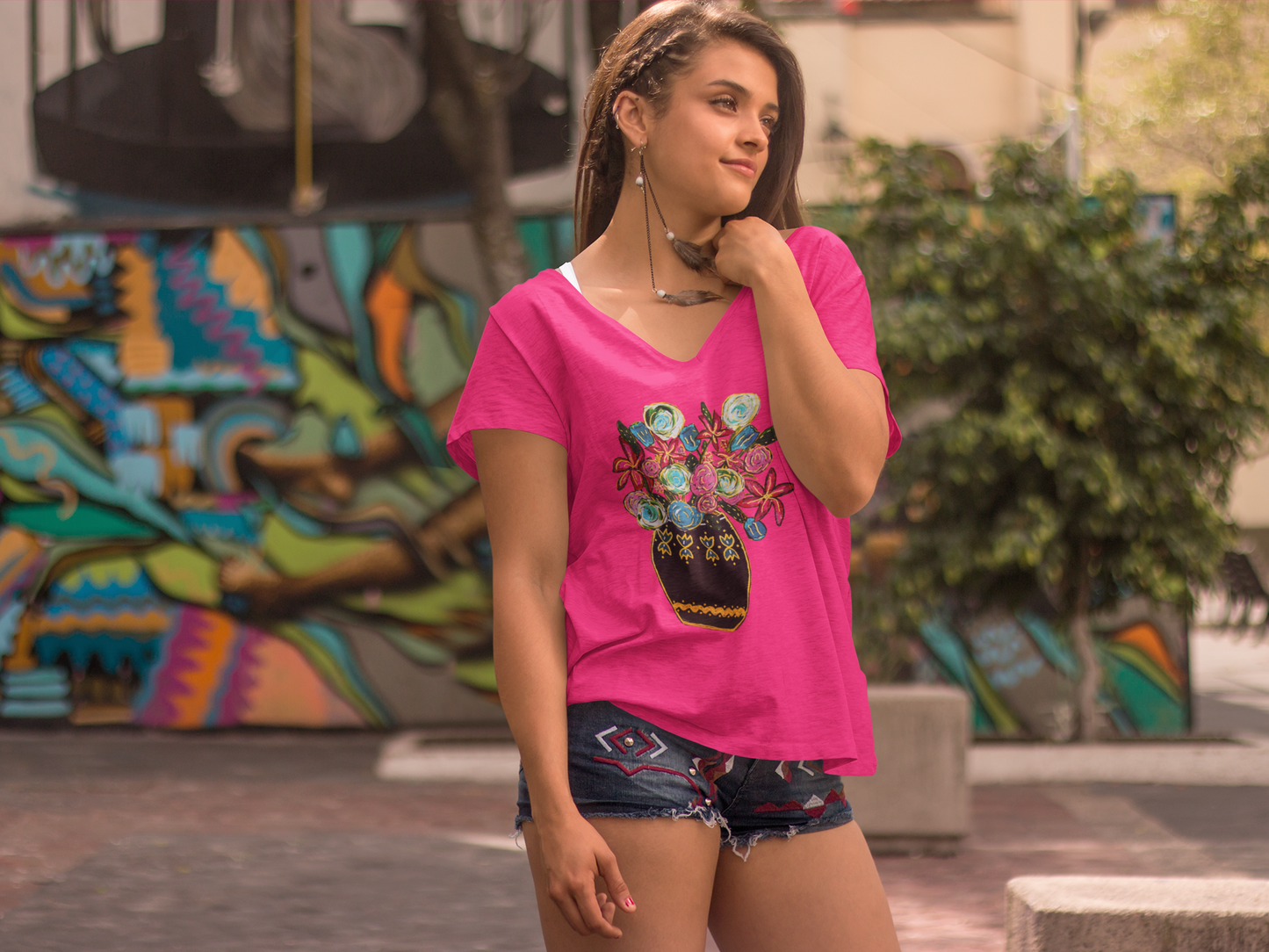 Ladies' V-Neck T-Shirt - Heliconia Pink