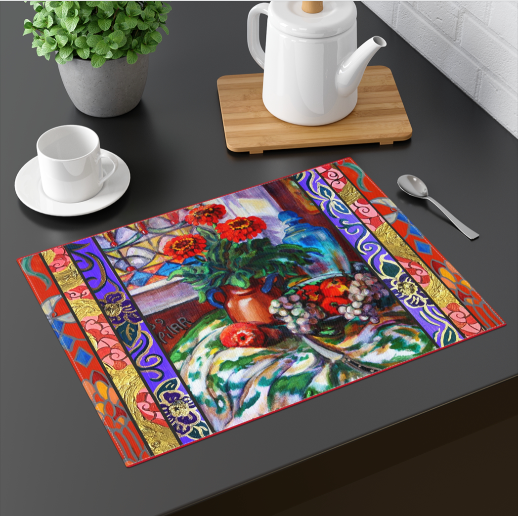 Custom Fabric Placemat"Pomegranates and Zinnias"