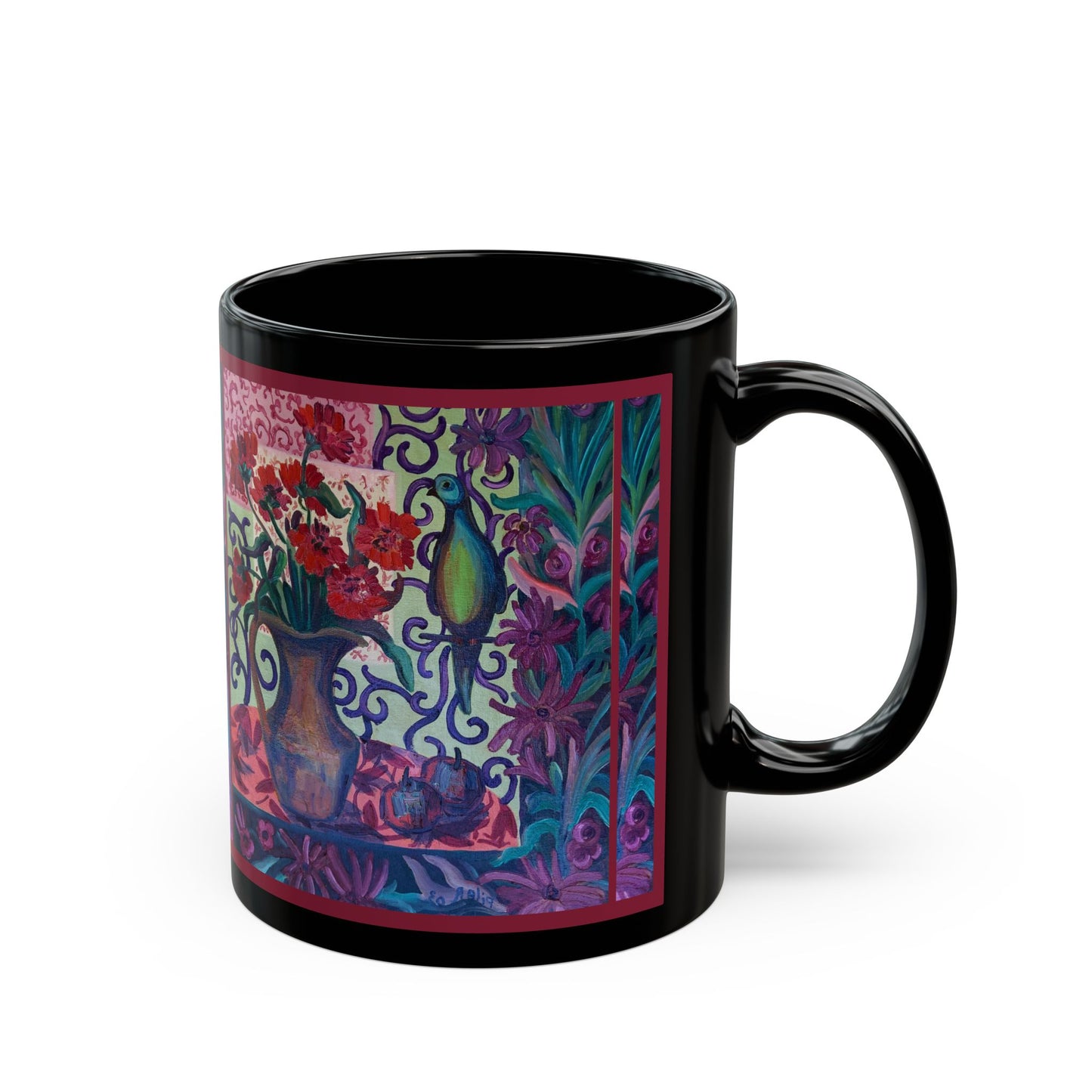 Ceramic Mug (Black) -Green Parrot
