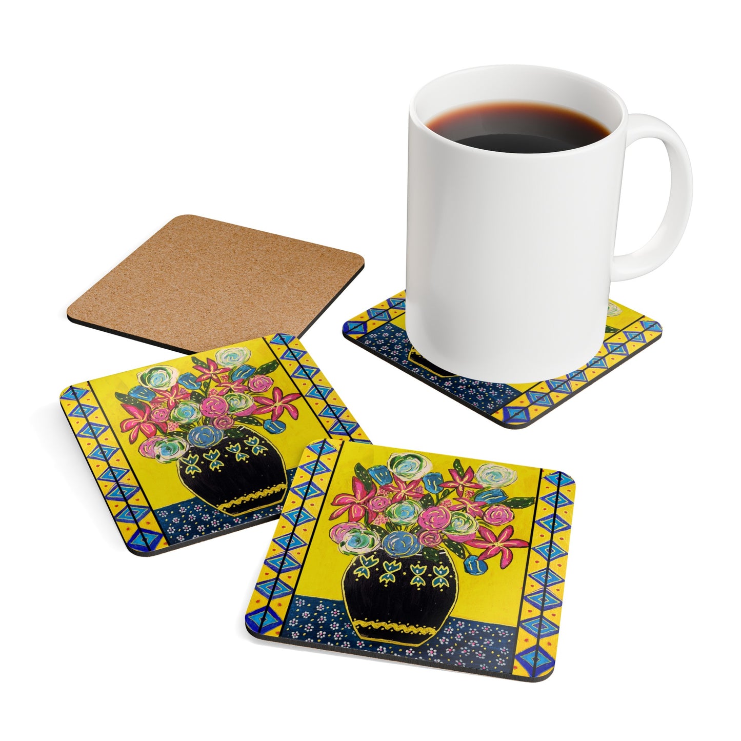 Corkwood Coaster Set - Festive Flowers