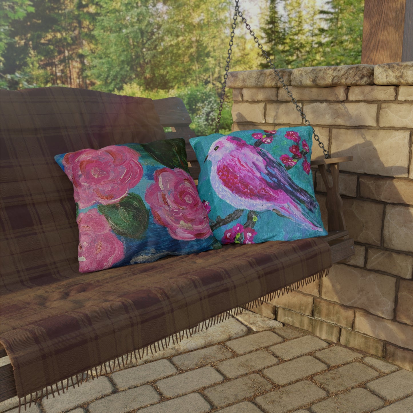 Outdoor Pillows - Pink Flowers and Birdie