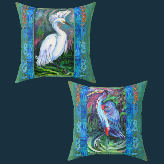 Decorative Pillow - Two Herons, Front/Back Complimentary Design