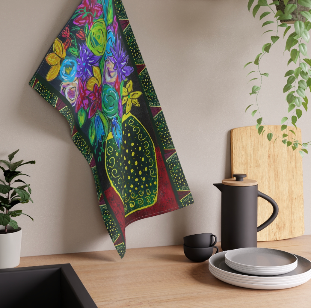 Cotton Tea Towel - Black Vase and Blooms