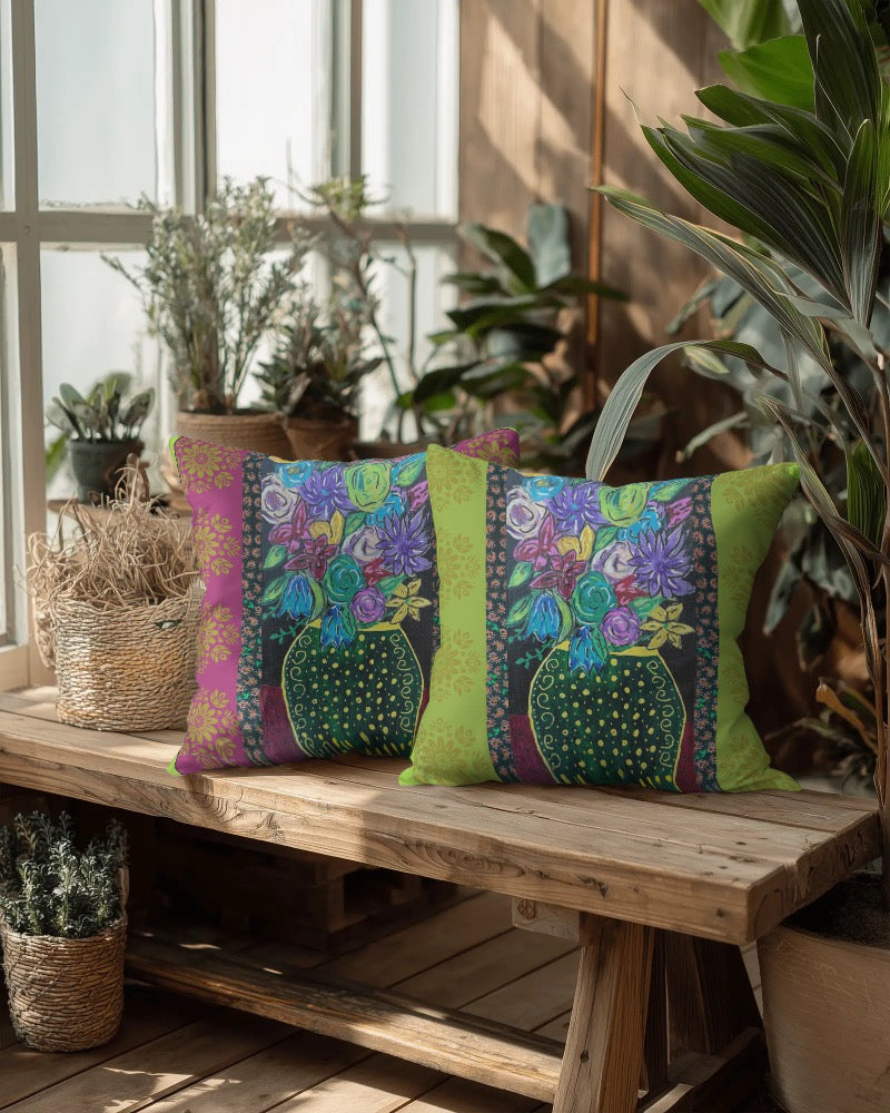 Decorative Pillow - Black vase and blooms - Front and back complimentary designs