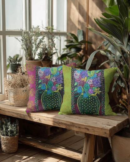 Decorative Pillow - Black vase and blooms - Front and back complimentary designs