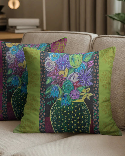 Decorative Pillow - Black vase and blooms - Front and back complimentary designs