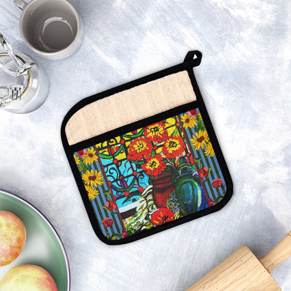 Pot Holder with Pocket - Zinnias and Pomegranates