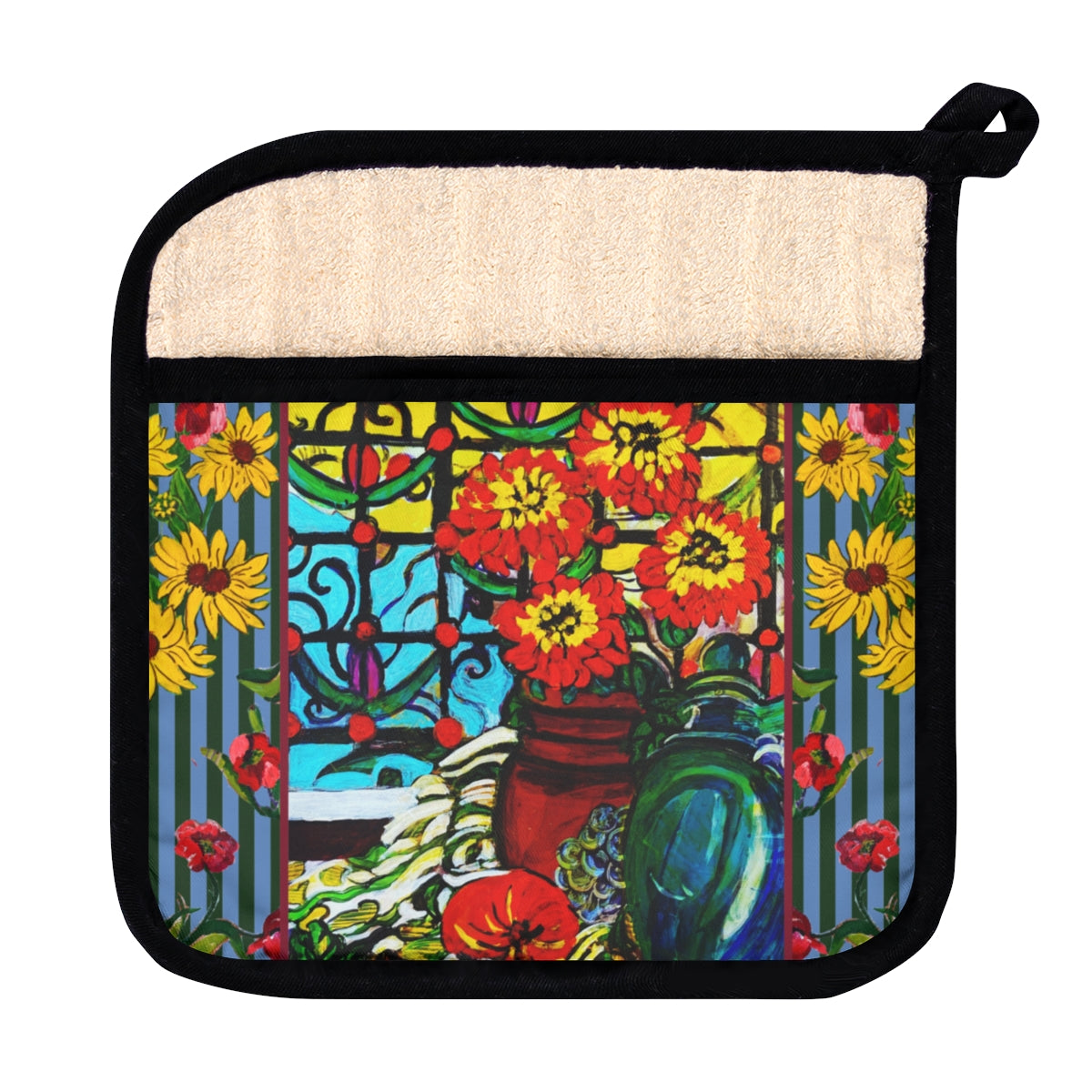 Pot Holder with Pocket - Zinnias and Pomegranates