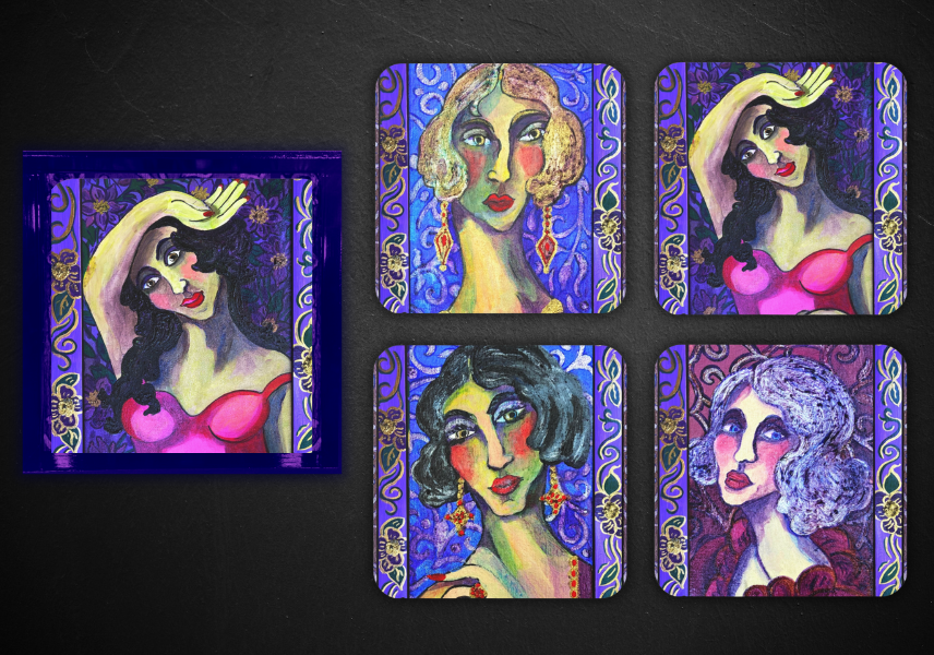 Coaster Set in Handmade Tray  "Les Parisiennes"