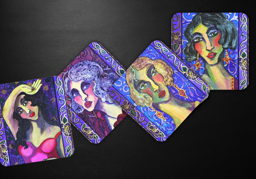 Coaster Set in Handmade Tray  "Les Parisiennes"