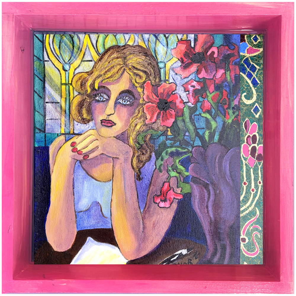 Wooden Shadowbox/Tray: Girl With Stained Glass