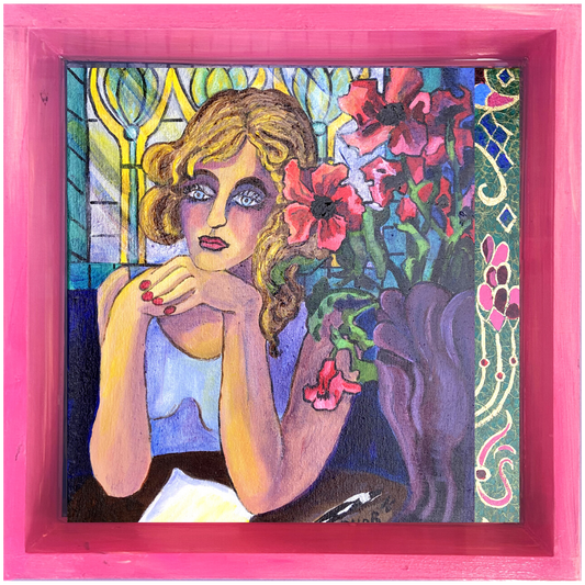 Wooden Shadowbox/Tray: Girl With Stained Glass